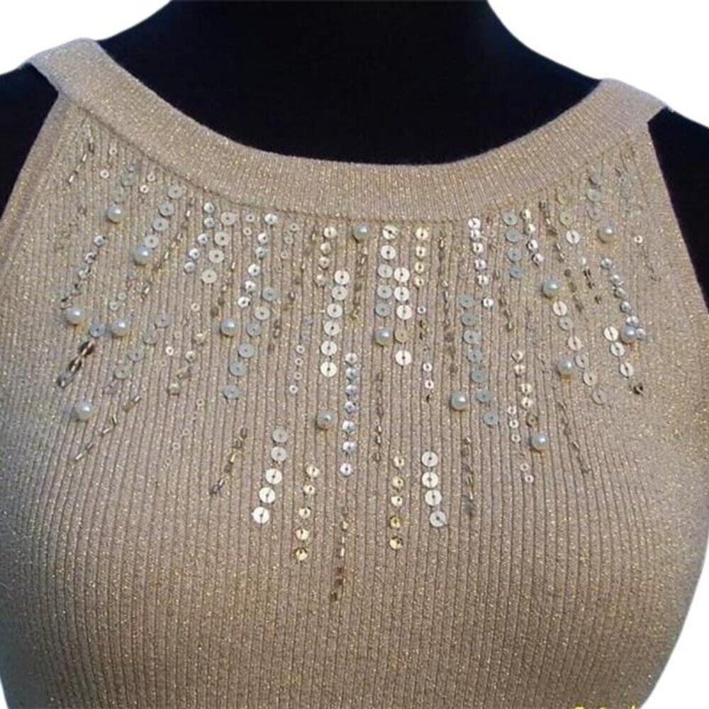 Cache Pearl Bead Sequin Encrusted Metallic Halter Top Open Back Stretch NWT $88